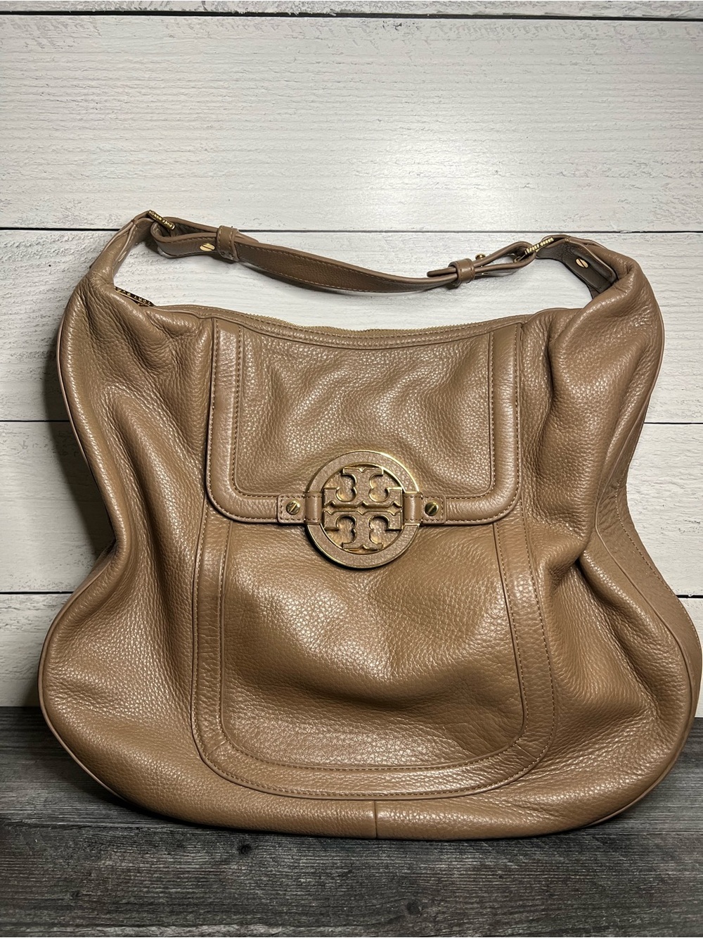 Tory Burch Taupe Pebbled Leather Shoulder Bag with Gold Logo